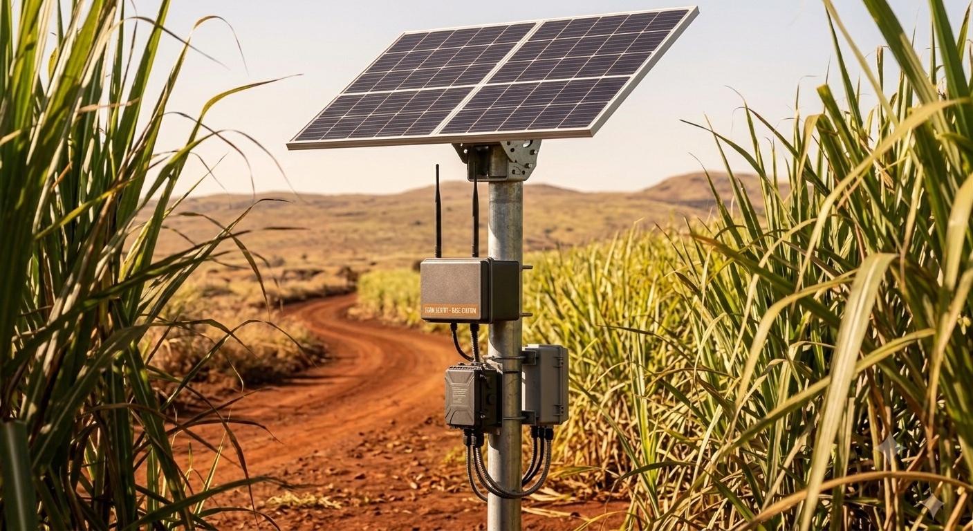 The Farm Sentry base station: a solar panel, long-range antennas, and a modem on a pole in a cane field