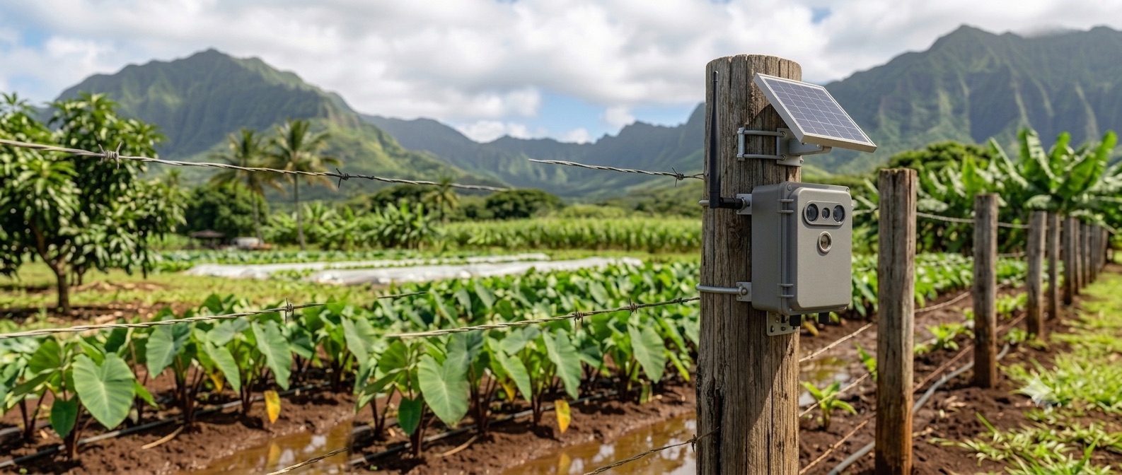 A solar sensor mounted on a fence post at the edge of a farm