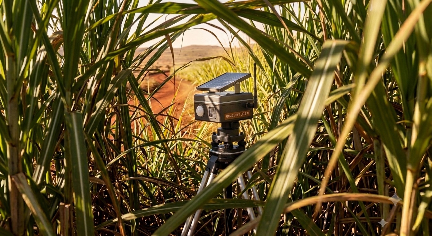 A Farm Sentry sensor on a tripod deep in a field of sugarcane, off-grid, at golden hour