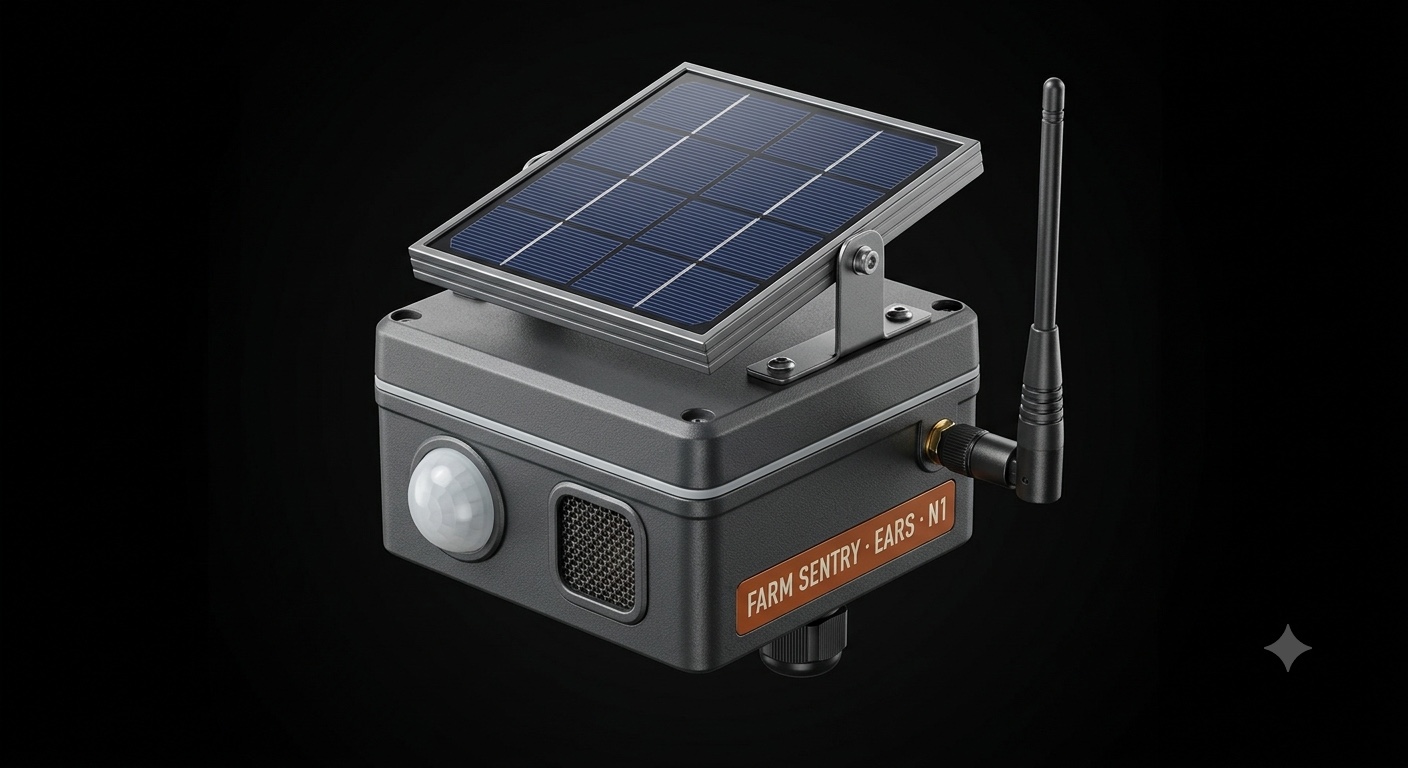 Farm Sentry Ears N1, a rugged solar-powered listening sensor with antenna, motion lens, and acoustic grille
