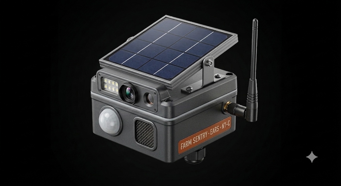 Farm Sentry Eyes A1, a solar-powered camera sensor with lens, infrared night-vision array, and antenna
